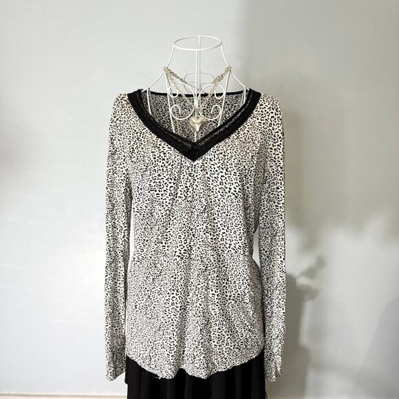 vintage y2k cheetah print lace lined v- neck tight layering long sleeve top - Picture 5 of 7